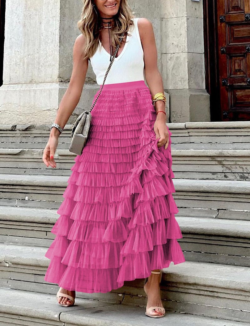 Flygo Women's Long Maxi Tulle Skirts A Line Ruffle High Waisted Tiered Layered Mesh Tutu Skirt Petticoat(Rose-L) - Image 3