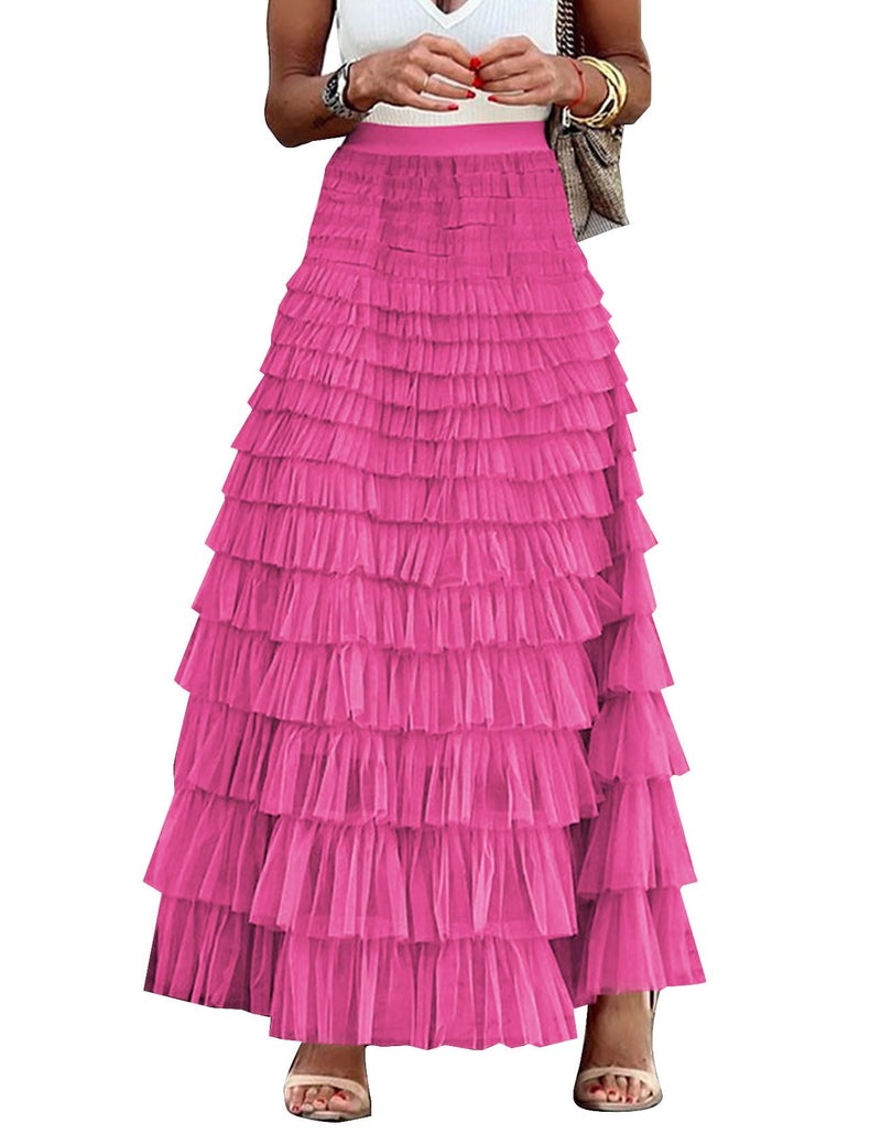 Flygo Women's Long Maxi Tulle Skirts A Line Ruffle High Waisted Tiered Layered Mesh Tutu Skirt Petticoat(Rose-L) - Image 1