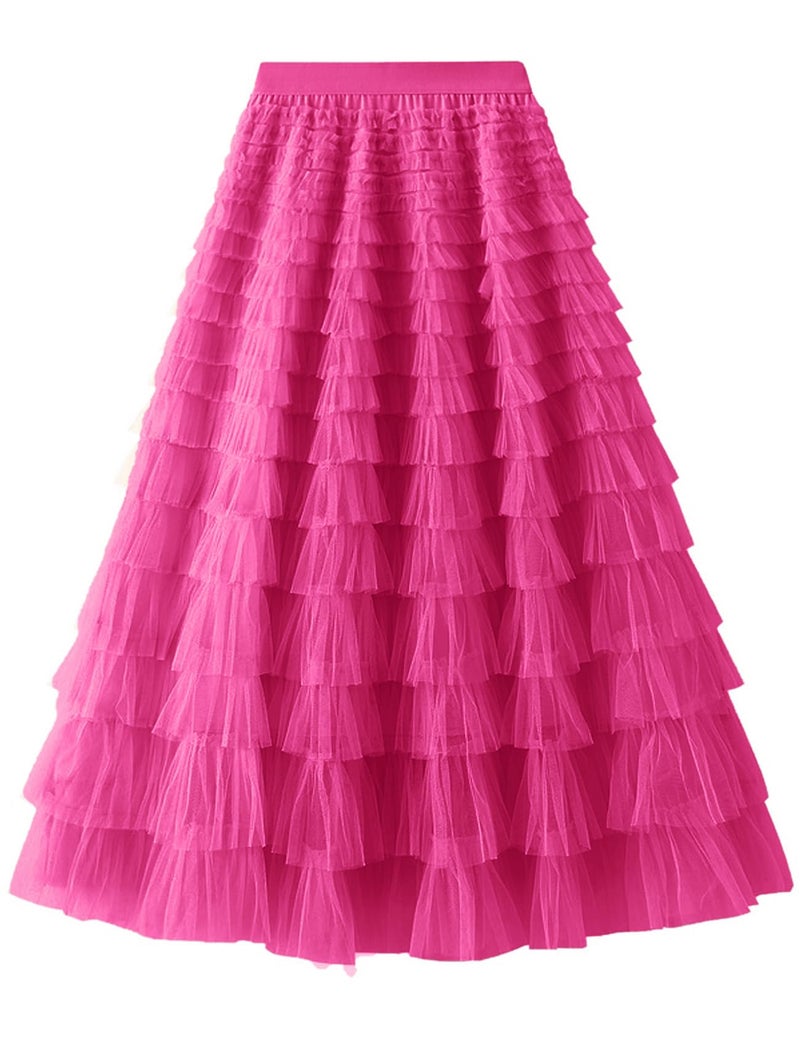 Flygo Women's Long Maxi Tulle Skirts A Line Ruffle High Waisted Tiered Layered Mesh Tutu Skirt Petticoat(Rose-L) - Image 4