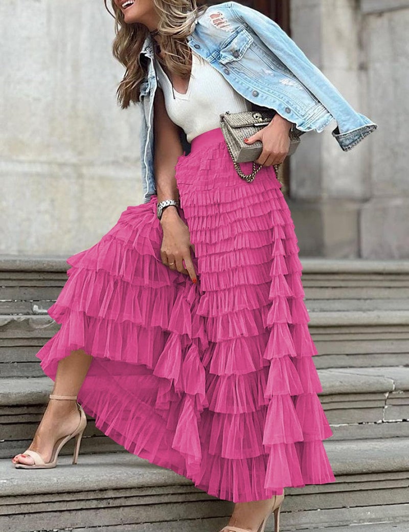 Flygo Women's Long Maxi Tulle Skirts A Line Ruffle High Waisted Tiered Layered Mesh Tutu Skirt Petticoat(Rose-L) - Image 2