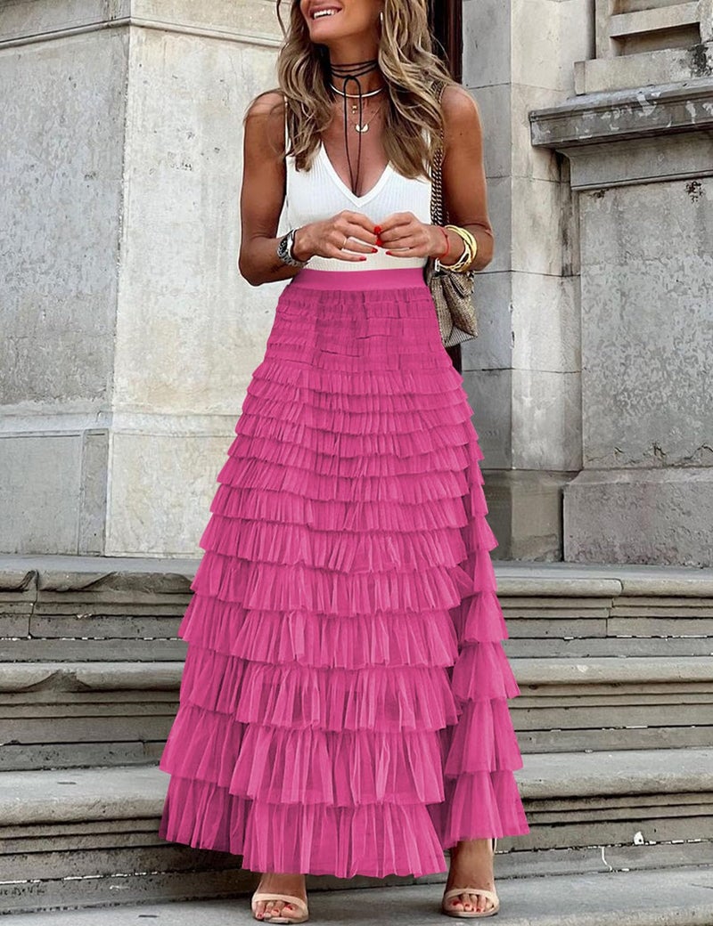 Flygo Women's Long Maxi Tulle Skirts A Line Ruffle High Waisted Tiered Layered Mesh Tutu Skirt Petticoat(Rose-L) - Image 5