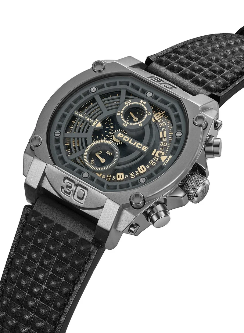 POLICE Norwood Cool Grey Dial Black Leather Strap Multifunction Watch for Men - 45mm