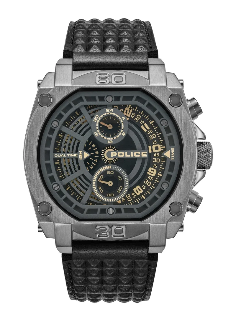 POLICE Norwood Cool Grey Dial Black Leather Strap Multifunction Watch for Men - 45mm
