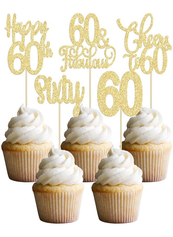 Ephlyn 30 Pack Happy 60th Birthday Cupcake Toppers Gold Glitter Sixty Cheers to 60 Years Old Birthday Cupcake Picks for 60th Wedding Anniversary Party Cake Decorations Supplies - Image 1