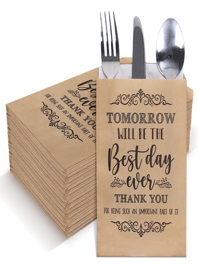 Whaline 100Pcs Silverware Bags 5 x 7 Inch Rustic The Best Day Ever Kraft Wax Cutlery Bags Utensil Holders Reusable for Wedding, Rehearsal Dinner, Engagement, Barbeque, Banquet Supply - Image 1