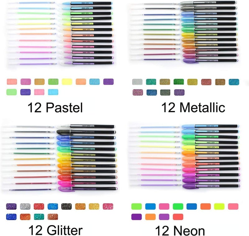PLUSPOINT 48Pc Colouring gel pens 12 neon 12 glitter 12 metalic pens 12 pastel fine tip art set colored gel pens for coloring book, drawing, doodling, scrapbook journaling, sparkle pen Gifts for kids - Image 3