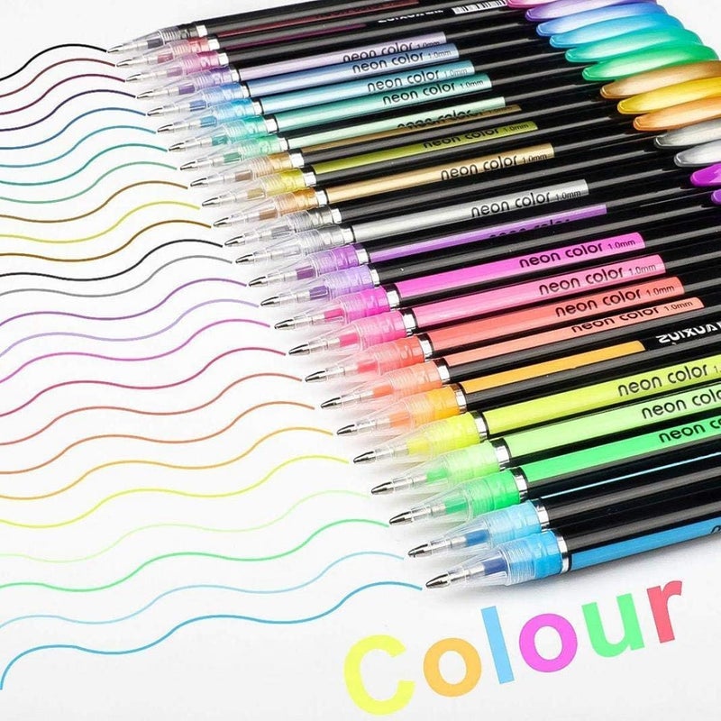 PLUSPOINT 48Pc Colouring gel pens 12 neon 12 glitter 12 metalic pens 12 pastel fine tip art set colored gel pens for coloring book, drawing, doodling, scrapbook journaling, sparkle pen Gifts for kids - Image 2