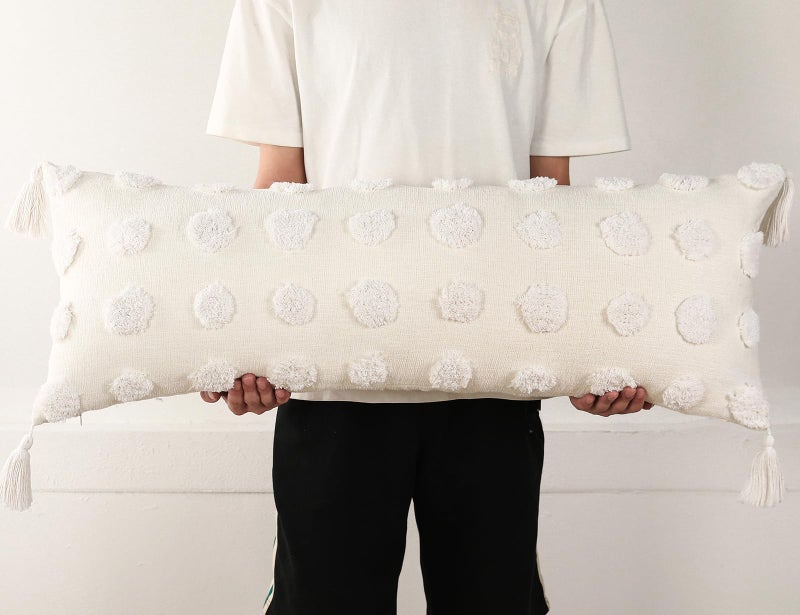 PANOD Decorative Long Lumbar Pillow Cover 14x36 Boho,Super Soft Chenille Extra Long Lumbar Pillow Case Cover with Tassel for Bed Sofa Couch Farmhouse Livingroom,White,Modern Skinny - Image 1