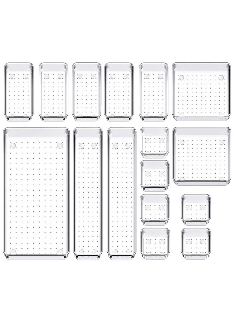 زيريفام مجموعة منظمات أدراج مكونة من 16 قطعة، فواصل أدراج بلاستيكية شفافة، منظم أدراج مكتب بأحجام مختلفة، صواني للمكياج والمجوهرات والأدوات وغرفة النوم والحمام - Image 1