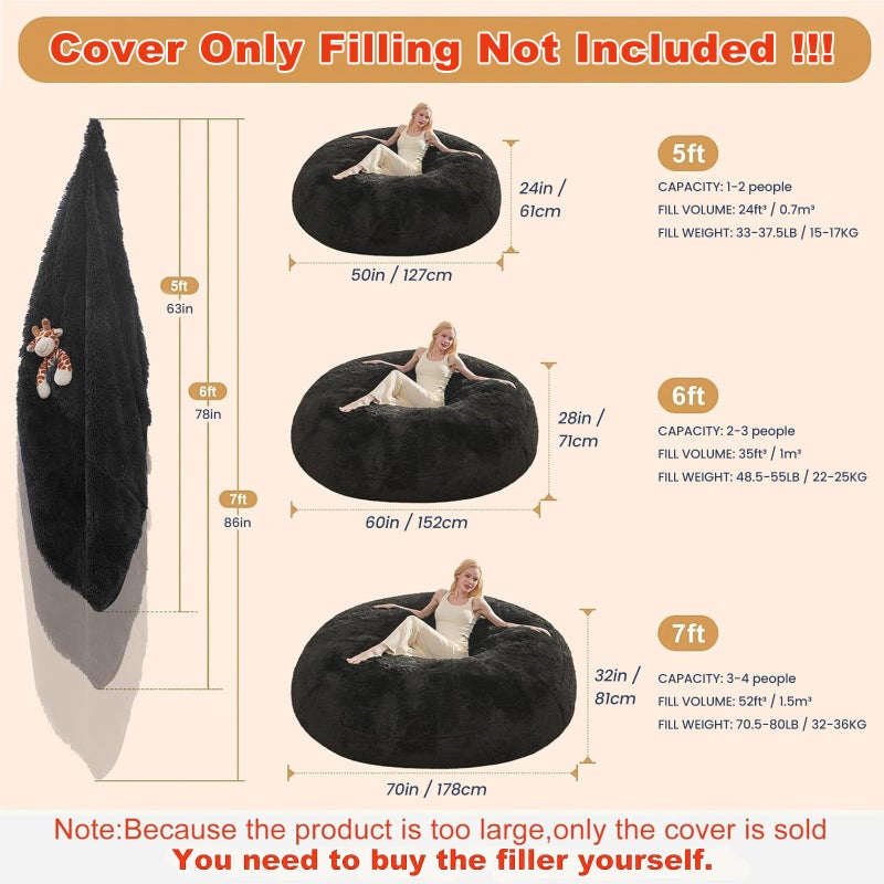 ODreamyDogs Bean Bag Cover (No Filler), Faux Fur Comfy Bean Bag Covers for Adults, Washable Beanbag Chair Cover, Fluffy Plush Giant Bean Bags Chairs Covers for Teens Kids Girls, Anti-Slip, 5FT, Black - Image 2