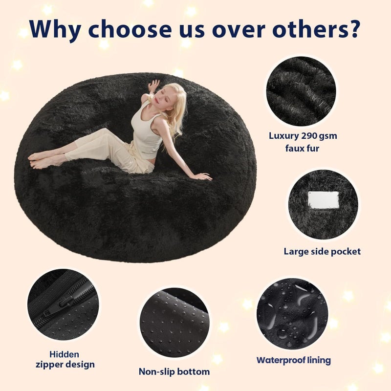 ODreamyDogs Bean Bag Cover (No Filler), Faux Fur Comfy Bean Bag Covers for Adults, Washable Beanbag Chair Cover, Fluffy Plush Giant Bean Bags Chairs Covers for Teens Kids Girls, Anti-Slip, 5FT, Black - Image 4