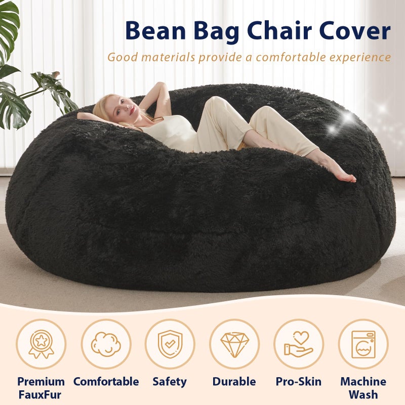 ODreamyDogs Bean Bag Cover (No Filler), Faux Fur Comfy Bean Bag Covers for Adults, Washable Beanbag Chair Cover, Fluffy Plush Giant Bean Bags Chairs Covers for Teens Kids Girls, Anti-Slip, 5FT, Black - Image 5