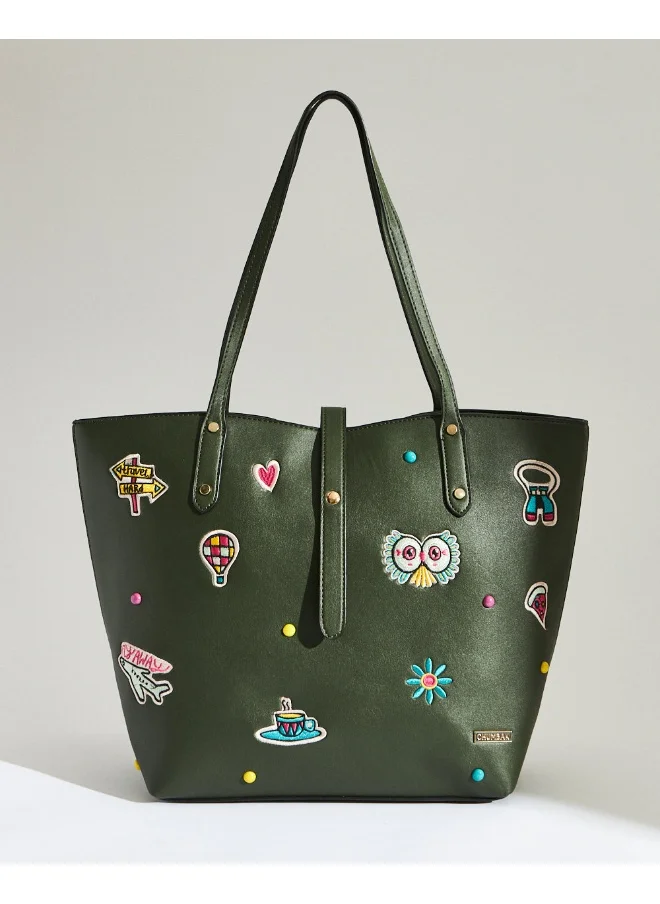 Chumbak Embroidered Tote, Travel Patches - Tan