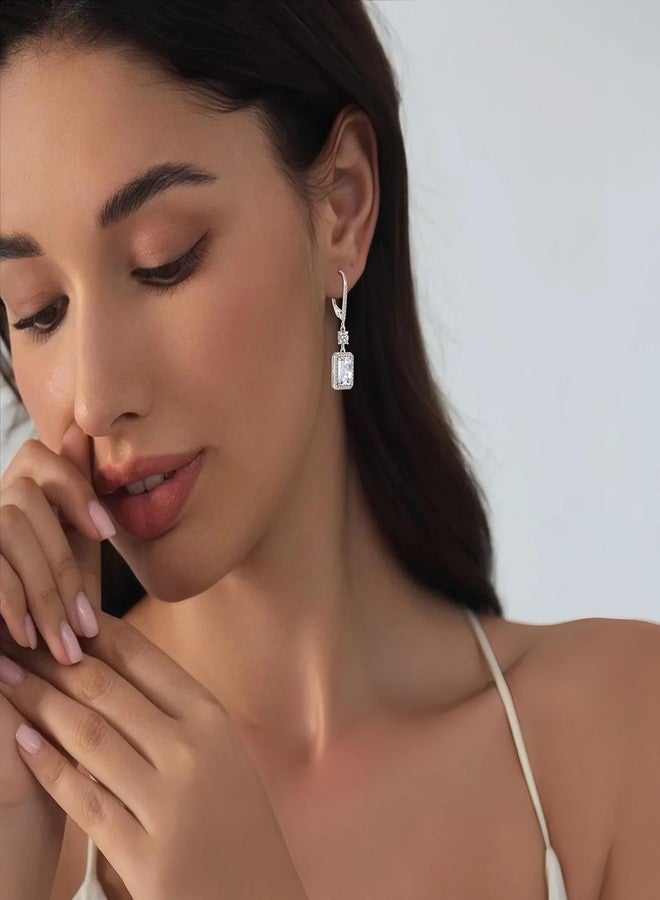 FJ Princess Cut Cubic Zirconia Earrings 925 Sterling Silver Drop Dangle Earrings Leverback April Birthstone Jewelry for Women - Image 2