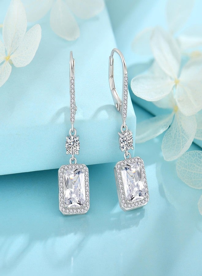 FJ Princess Cut Cubic Zirconia Earrings 925 Sterling Silver Drop Dangle Earrings Leverback April Birthstone Jewelry for Women - Image 4