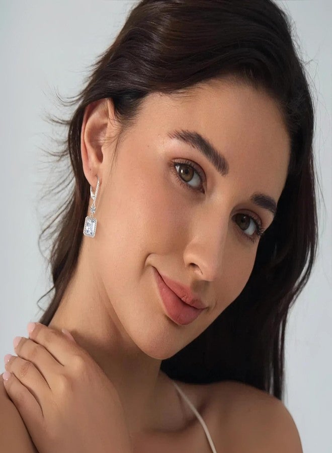 FJ Princess Cut Cubic Zirconia Earrings 925 Sterling Silver Drop Dangle Earrings Leverback April Birthstone Jewelry for Women - Image 3