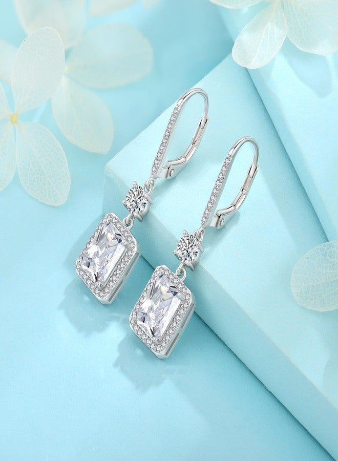 FJ Princess Cut Cubic Zirconia Earrings 925 Sterling Silver Drop Dangle Earrings Leverback April Birthstone Jewelry for Women - Image 5