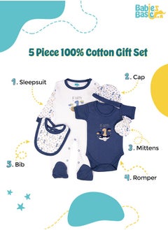 Babies Basic 5 Piece Unisex 100% Cotton Gift Set Include Bib, Romper, Mittens, Cap And Sleepsuit/Jumpsuit- Be Happy  - Image 2