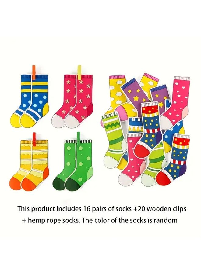16 Pairs Socks Matching Game With Clips And Rope For Fine Motor Skills Training - Image 3