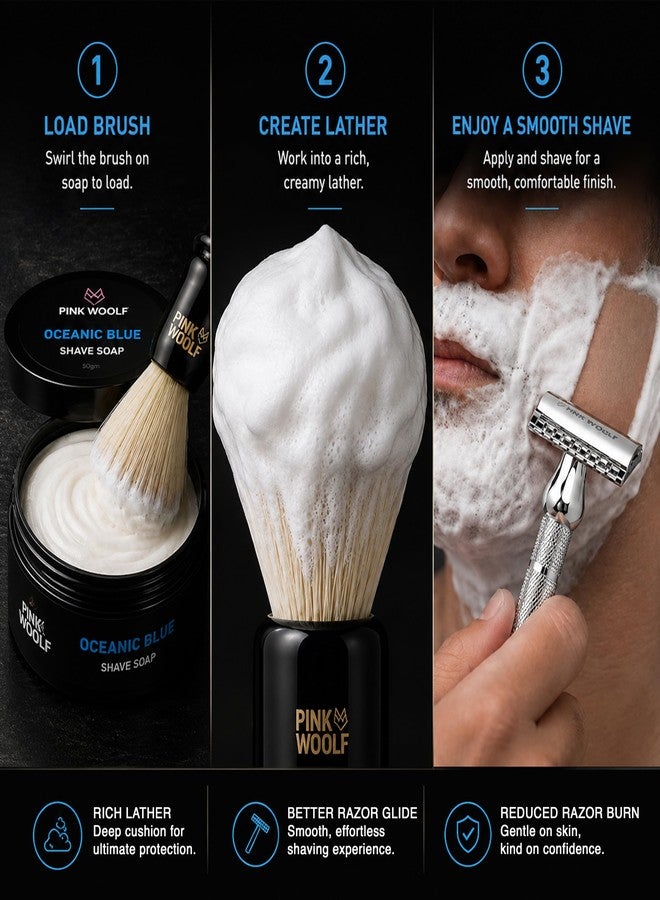 Pink Woolf Traditional Wet Shaving Kit for Men | Synthetic Shaving Brush & Oceanic Blue Shaving Soap 50g | Rich Lather, Smooth Razor Glide & Reduced Razor Burn | Wet Shaving Essentials Combo (Pack of 2) - Image 4