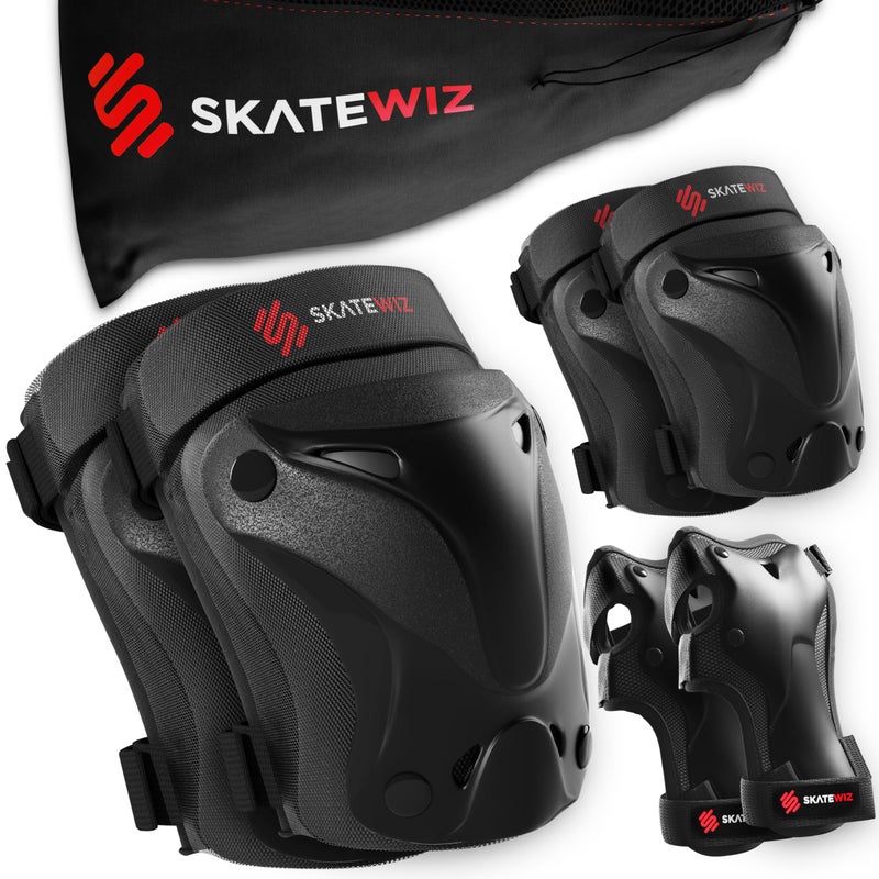 SKATEWIZ وسادات الكوع وسادات الركبة للأطفال - واقيات المعصم للتزلج على الجليد للأطفال - معدات الحماية - PROTECT-1 - الحجم L باللون الأسود - زلاجات الجليد - هوفر بورد للأطفال من 6-12 - Image 1