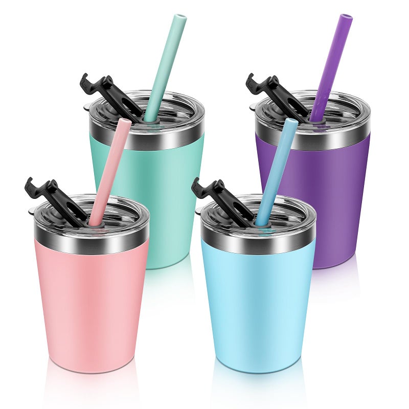 Rommeka Rommeka Toddler Straw Cups 8oz Stainless Steel Insulated Tumblers with Lids and Straws Powder Coated Double Wall Vacuum Kids Drinking Sippy Cups for Baby Boys Girls 4 Pack
