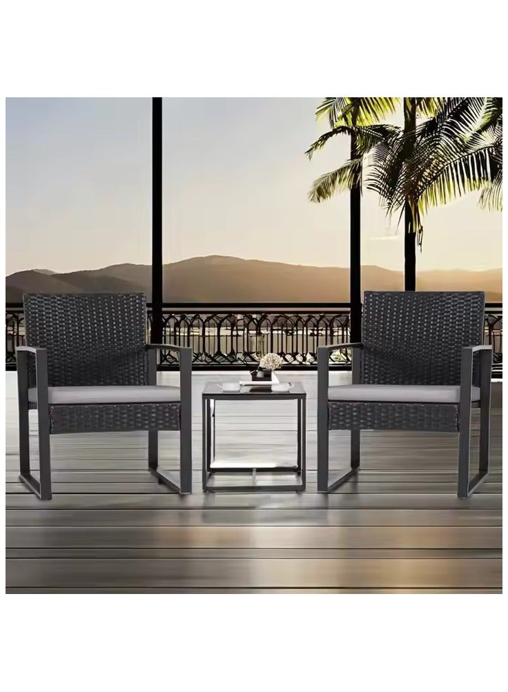 Mahmayi Mahmayi Balcony 3 Piece Furniture Table Garden Backyard Outdoor Patio Use Porch Chairs Cushioned PE Wicker Bistro Set Rattan (Black) - Image 5