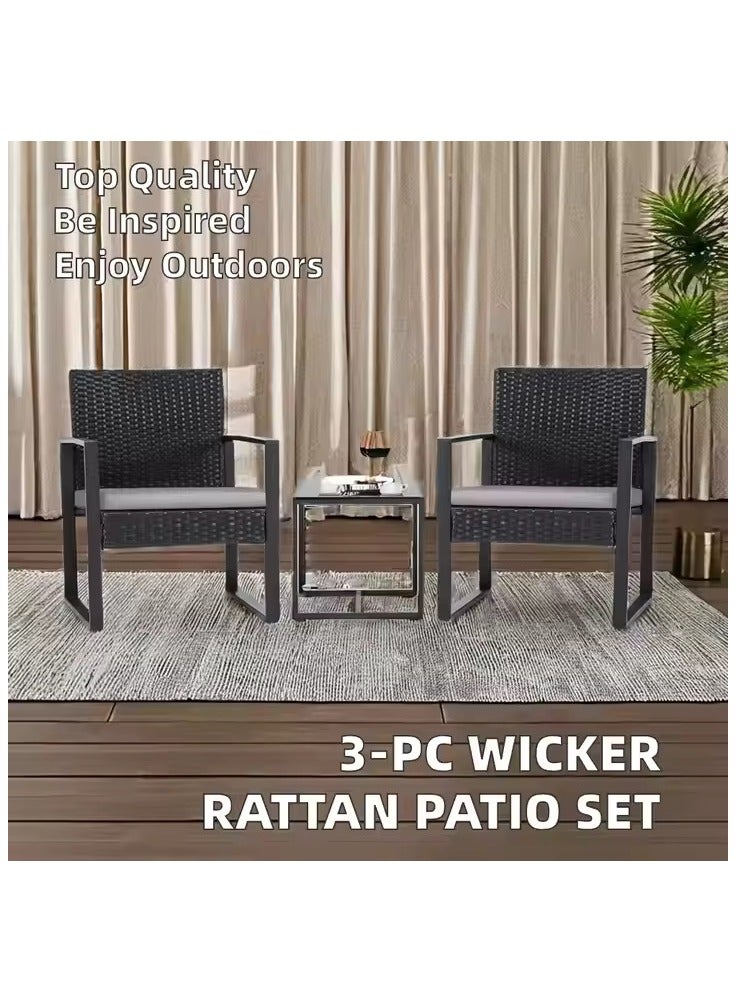 Mahmayi Mahmayi Balcony 3 Piece Furniture Table Garden Backyard Outdoor Patio Use Porch Chairs Cushioned PE Wicker Bistro Set Rattan (Black) - Image 2