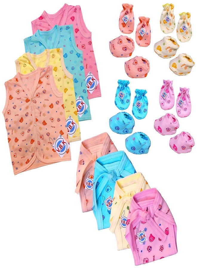 V.B.K® Baby Boy and Baby Girl Clothing Set With Jabla (4 Pcs), Nappy (4 Pcs), Hand Mittens (Gloves) (4 Pair), Leg Booties (Socks) (4 Pair), Pure Hosiery Soft Fabric, 0 Months - 6 Months - Image 1
