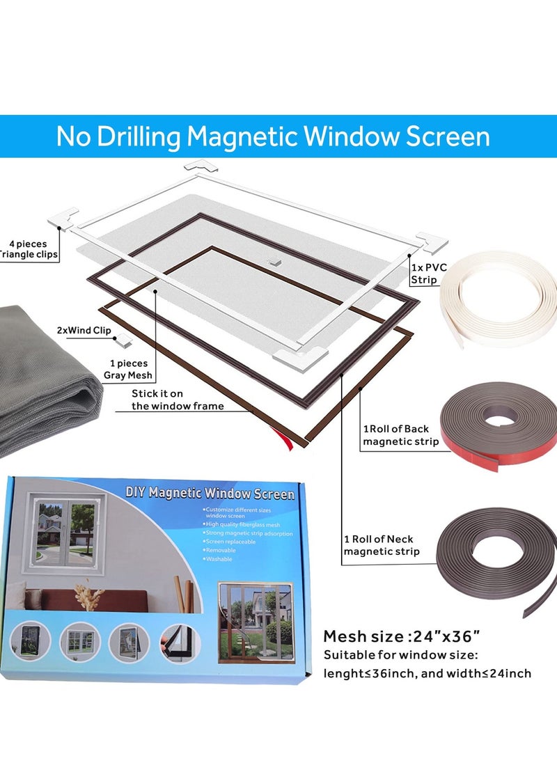 Generic - Magnetic Window Screen Adjustable DIY Window Net Fiberglass Fine Mesh Screen Protector Fits Max 23.6” x 47.2” White Window Frames with Grey Mesh(60cmx120cm) - Image 1