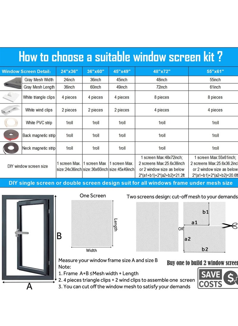 Generic - Magnetic Window Screen Adjustable DIY Window Net Fiberglass Fine Mesh Screen Protector Fits Max 23.6” x 47.2” White Window Frames with Grey Mesh(60cmx120cm) - Image 1