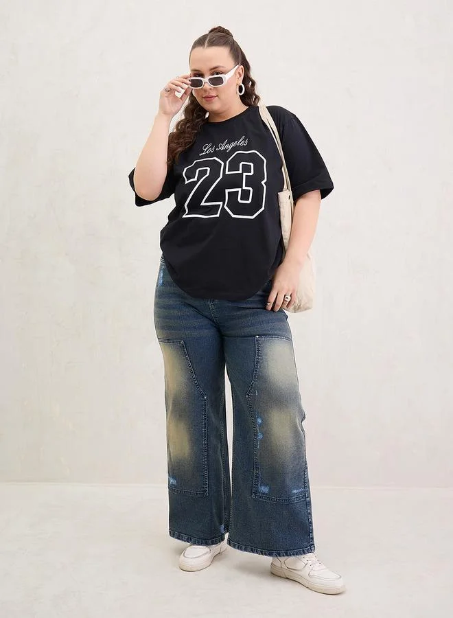 SASSAFRAS Plus Size Black Graphic Print T-Shirt