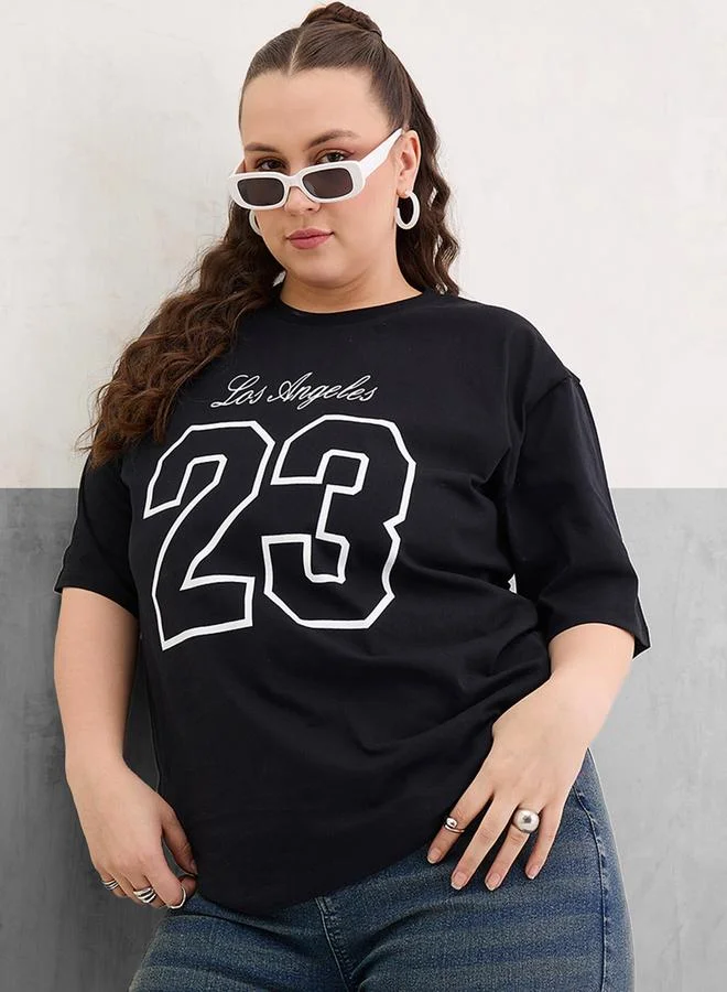 SASSAFRAS Plus Size Black Graphic Print T-Shirt