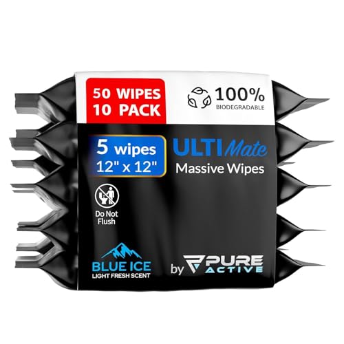 Pure Active XXL Body Wipes for Face and Body No Rinse Shower Wipes for Adults Extra Thick for Hiking Workout and Travel 12inch Wipes Blue Ice Scented 5 x10 Packs