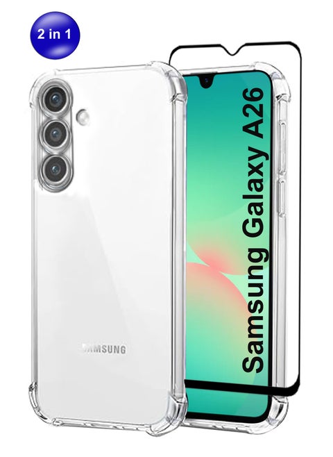 For Samsung Galaxy A26 - 2in1 Pack Ultra Clear Flexible Shockproof Silicone Back Cover With Raised Edge Bumps Protection and Tempered Glass Screen Protector