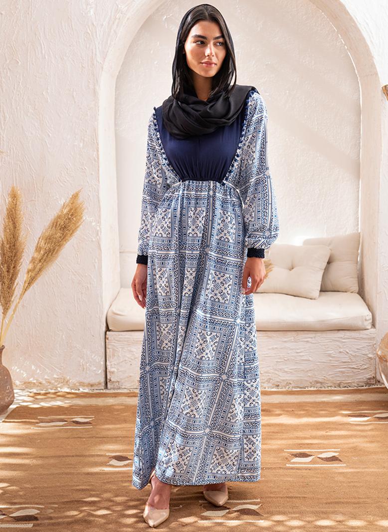 فرايديين كاجول لبس وطني طوق على شكل V الربط هندسي طباعة الزهور كم منتظم فساتين طويلة ازرق - Image 1