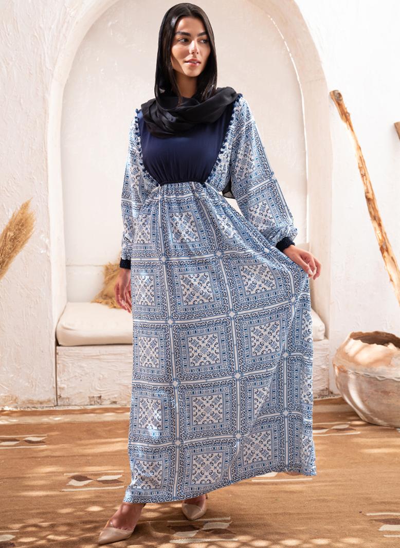 فرايديين كاجول لبس وطني طوق على شكل V الربط هندسي طباعة الزهور كم منتظم فساتين طويلة ازرق - Image 3