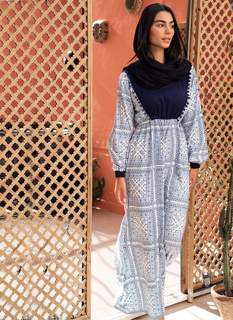 فرايديين كاجول لبس وطني طوق على شكل V الربط هندسي طباعة الزهور كم منتظم فساتين طويلة ازرق - Image 5