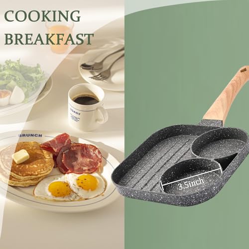 JUSTUP Nonstick Egg Frying Pan, Mini 3-in-1 Nonstick Pan Divided Grill Frying Pan, Heat Resistant Handle 3 Section Skillet Mini Pancake Pan, Cooking Pan for Breakfast, Egg, Bacon and Burgers, 7.3 in - Image 2