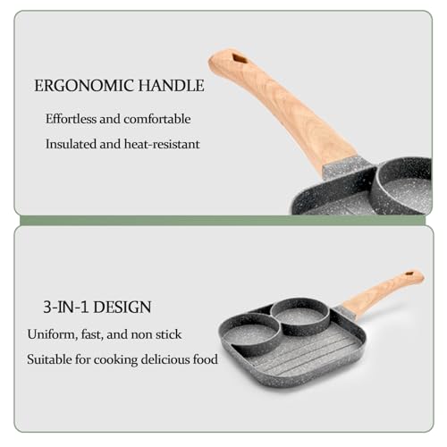 JUSTUP Nonstick Egg Frying Pan, Mini 3-in-1 Nonstick Pan Divided Grill Frying Pan, Heat Resistant Handle 3 Section Skillet Mini Pancake Pan, Cooking Pan for Breakfast, Egg, Bacon and Burgers, 7.3 in - Image 5