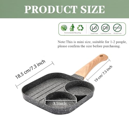 JUSTUP Nonstick Egg Frying Pan, Mini 3-in-1 Nonstick Pan Divided Grill Frying Pan, Heat Resistant Handle 3 Section Skillet Mini Pancake Pan, Cooking Pan for Breakfast, Egg, Bacon and Burgers, 7.3 in - Image 4