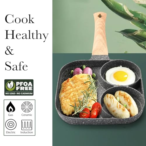 JUSTUP Nonstick Egg Frying Pan, Mini 3-in-1 Nonstick Pan Divided Grill Frying Pan, Heat Resistant Handle 3 Section Skillet Mini Pancake Pan, Cooking Pan for Breakfast, Egg, Bacon and Burgers, 7.3 in - Image 3