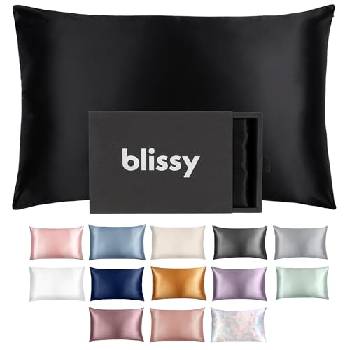 Blissy Silk Pillowcase - 100% Pure Mulberry Silk - 22 Momme 6A High-Grade Fibers - Silk Pillow Cover for Hair & Skin - Regular, Queen & King (Black, Standard) - Image 1