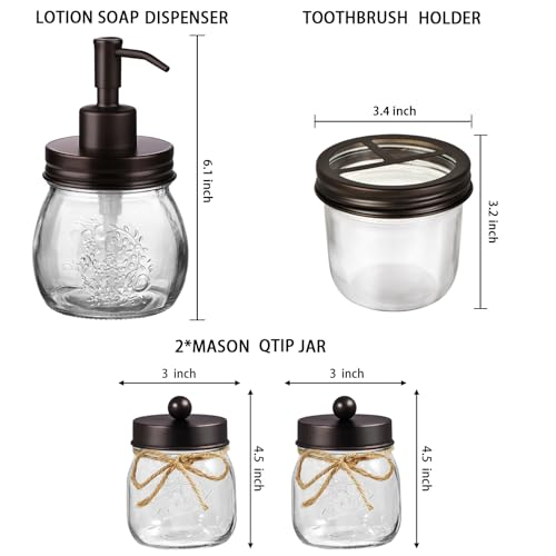 Amolliar Mason Jar Bathroom Accessories Set 4 Pcs Lotion Soap Dispenser 2 Qtip Holders Toothbrush Holder Rustic Farmhouse Decor Bathroom Home Decor Bronze - Image 3