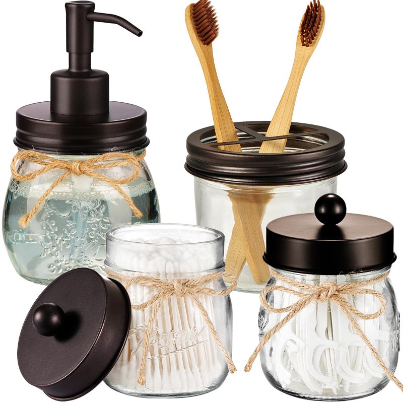 Amolliar Mason Jar Bathroom Accessories Set 4 Pcs Lotion Soap Dispenser 2 Qtip Holders Toothbrush Holder Rustic Farmhouse Decor Bathroom Home Decor Bronze - Image 2