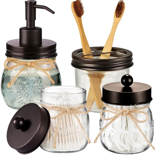 Amolliar Mason Jar Bathroom Accessories Set 4 Pcs Lotion Soap Dispenser 2 Qtip Holders Toothbrush Holder Rustic Farmhouse Decor Bathroom Home Decor Bronze - Image 1