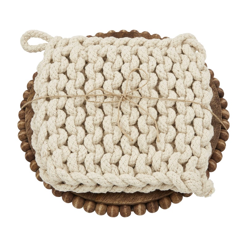 Mud Pie Brown Beaded Trivet & Crochet Pot Holder Set, trivet 8" dia | holder 7" x 7" - Image 2