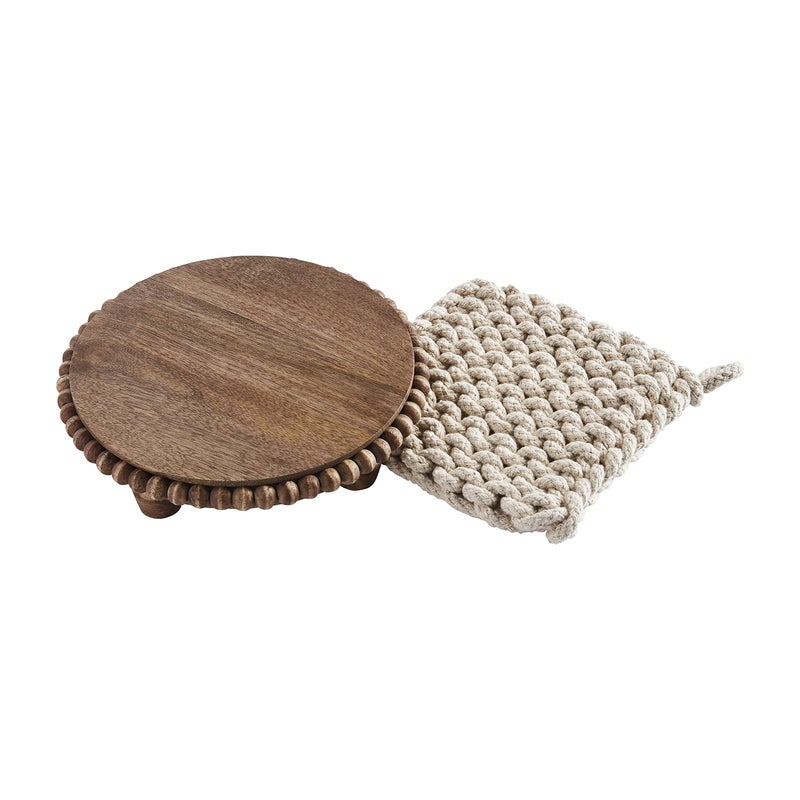 Mud Pie Brown Beaded Trivet & Crochet Pot Holder Set, trivet 8" dia | holder 7" x 7" - Image 1