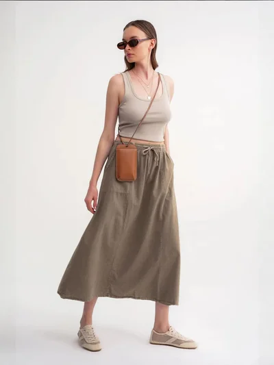 ماي كولكشن تنورة بخصر عالٍ من البوبلين مع تفاصيل رباط