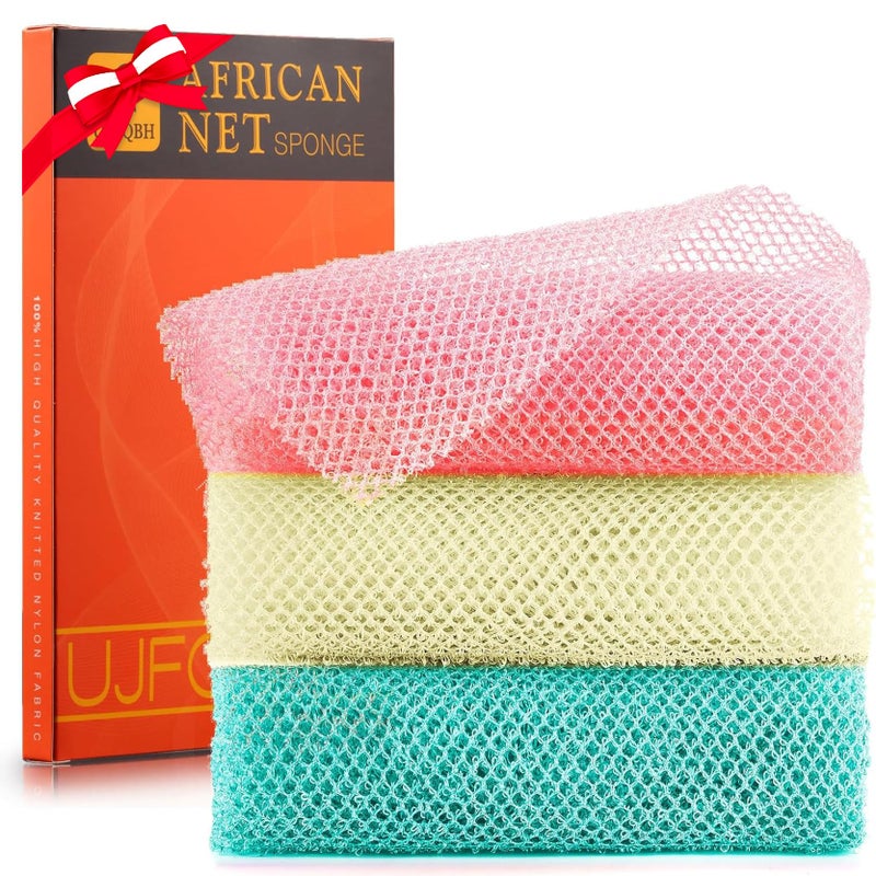 UJFQBH 3 Pieces African Net Sponge, African exfoliating net African Net Long Net Bath Sponge Exfoliating Shower Body Scrubber Back Scrubber Skin Smootherï¼ˆPink, Green, Off-Whiteï¼‰ - Image 1
